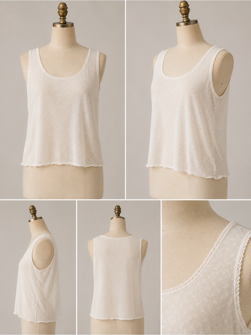 L.L.Bean Ivory Pointelle Silk Sheer Lightweight Cottage Coastal Sleeveless Tank